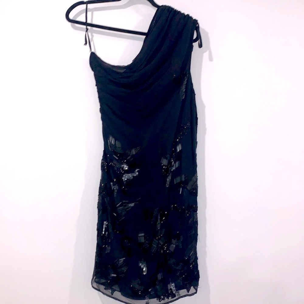 NWOT All Saints Sequin One Shoulder Mini Dress Black US 8 UK 10